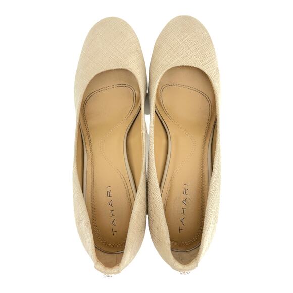 Tahari (7.5) Sophia Cream Waxed Burlap Stacked Platform Stiletto Pump Heels - Picture 6 of 12
